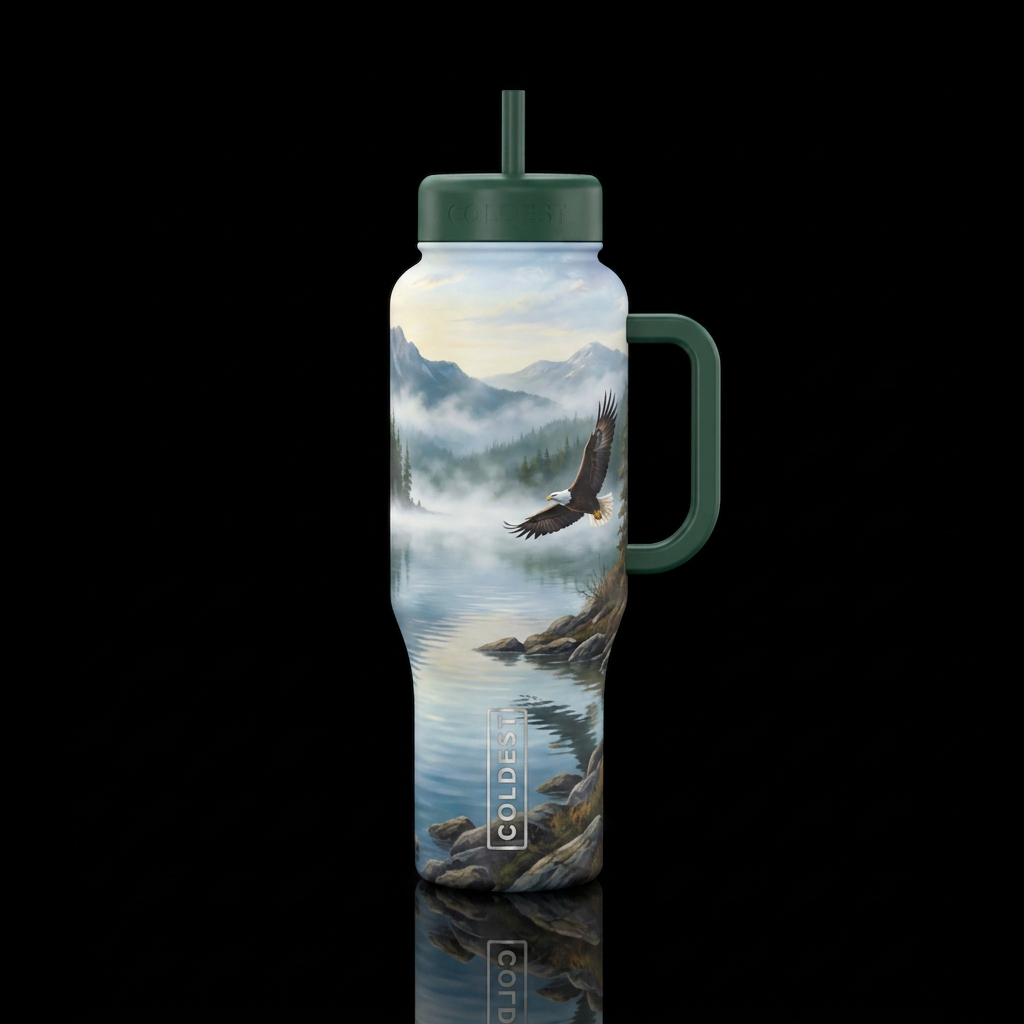 Misty Morning on the Lake, An Eagle Flys up the Sh... water bottle design