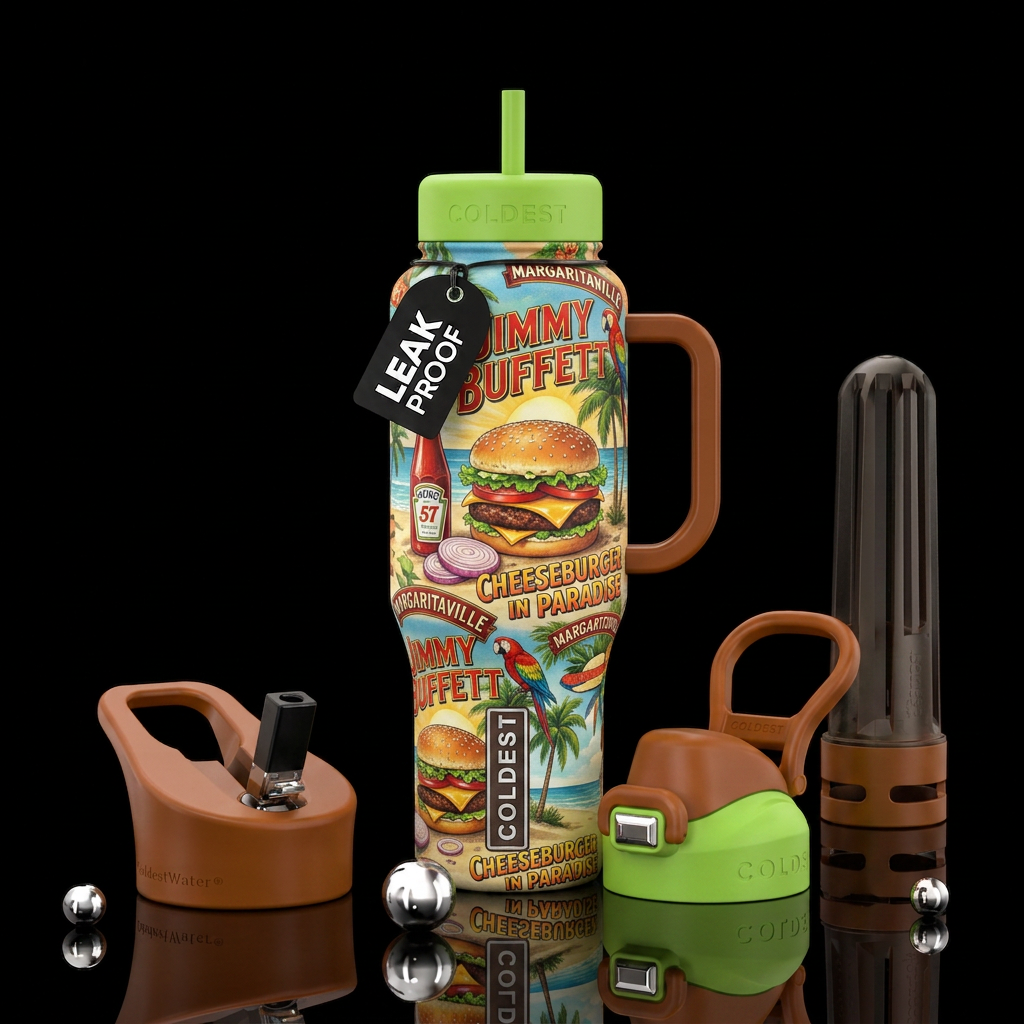Jimmy Buffett Cheeseburger in Paradise water bottle design