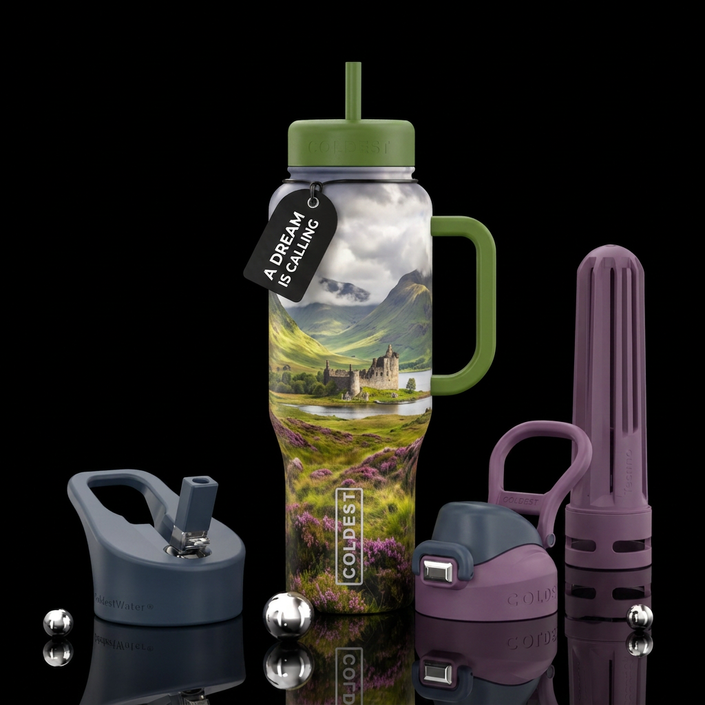Dreamy Scottish Highlands water bottle design