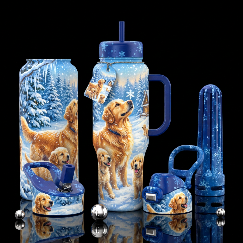 Golden Retriever's First Snowfall water bottle design