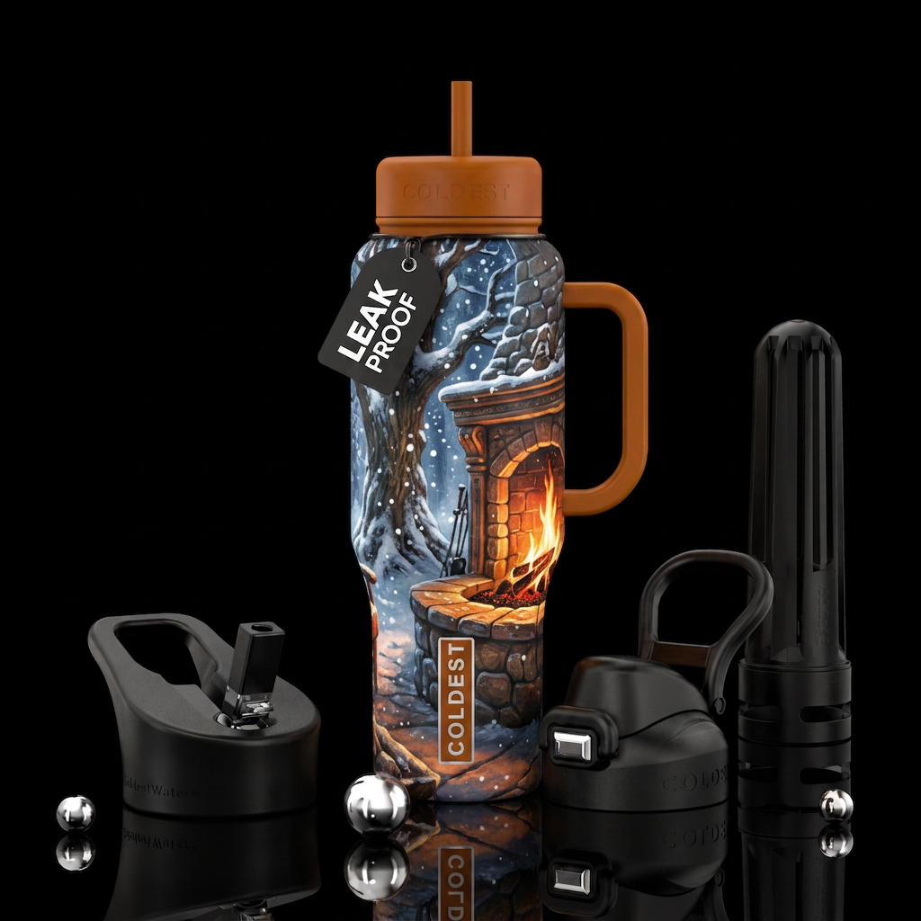 Snowing Outside, Nice Warm Fireplace water bottle design