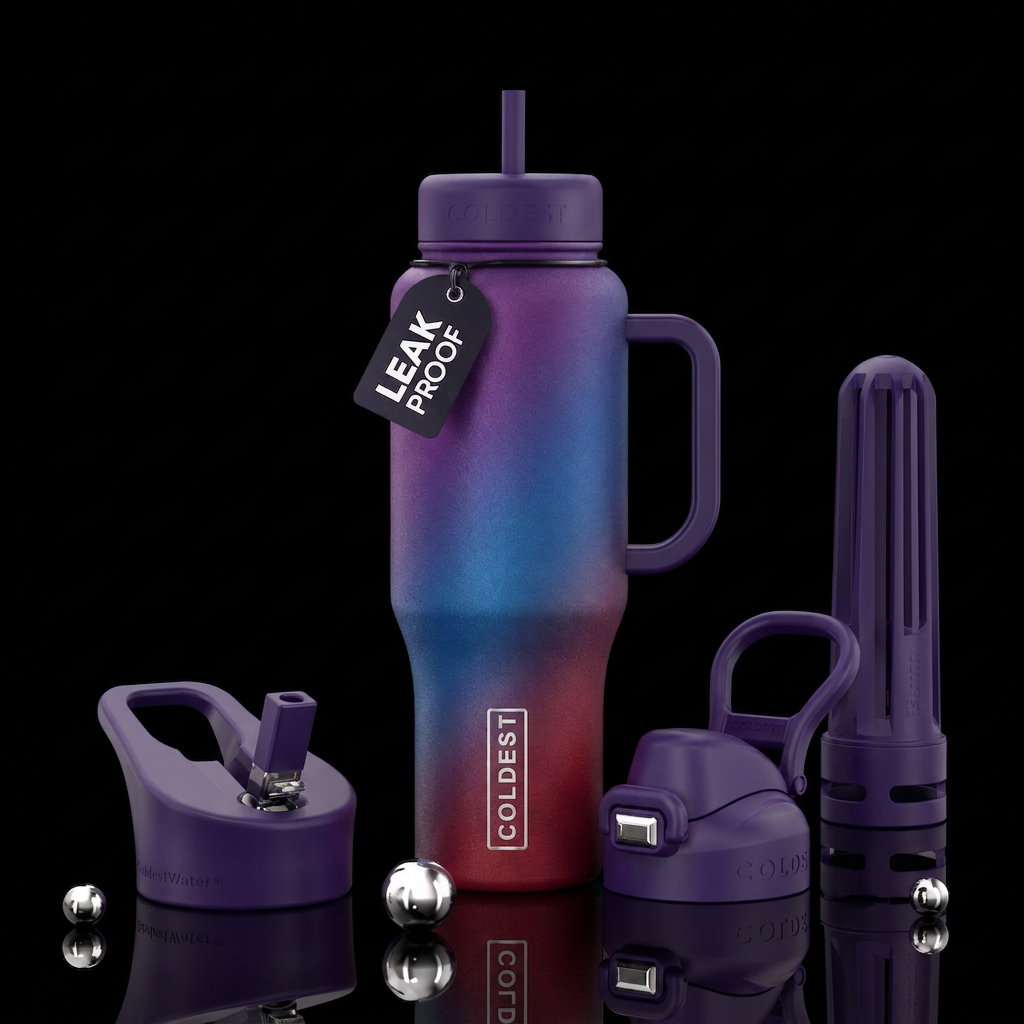 Purple, Blue and Red water bottle design