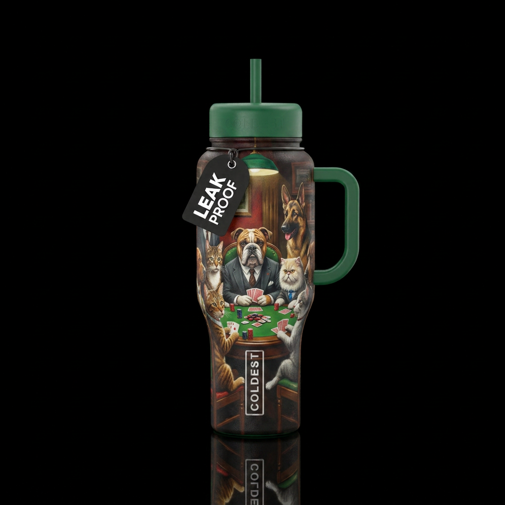 Dogs and Cats  Playing Poker water bottle design