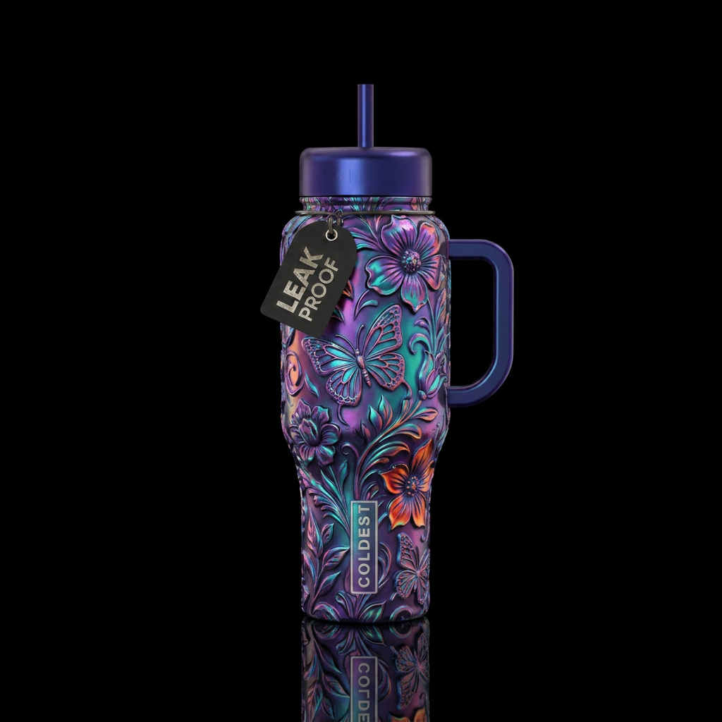 Holographic Floral & Butterflies water bottle design