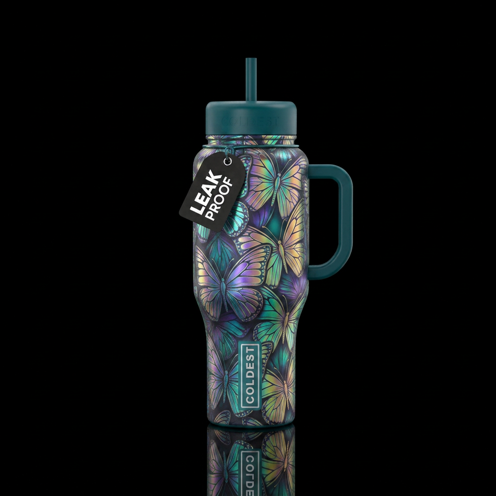 Teal Butterflies water bottle design