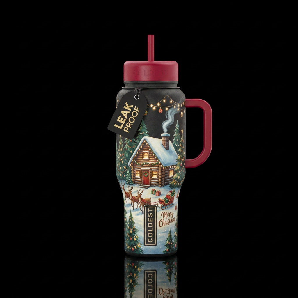 Little Cabin Christmas water bottle design