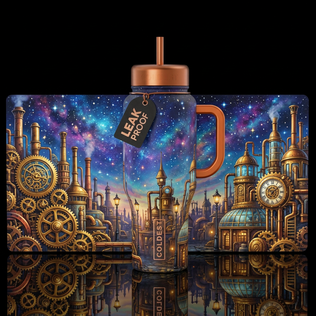 Steampunk City water bottle design