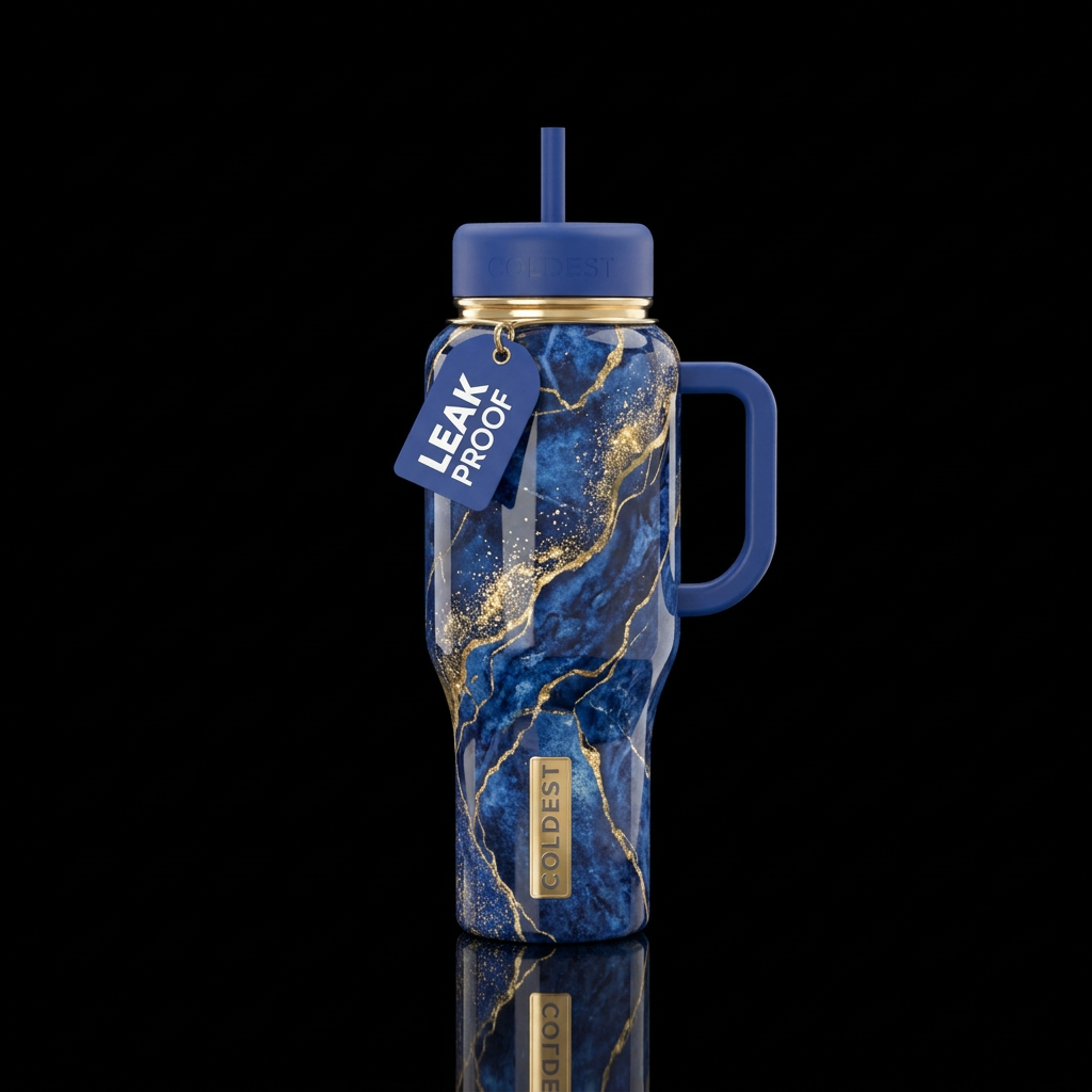 Cobalt Blue and Gold Marble water bottle design
