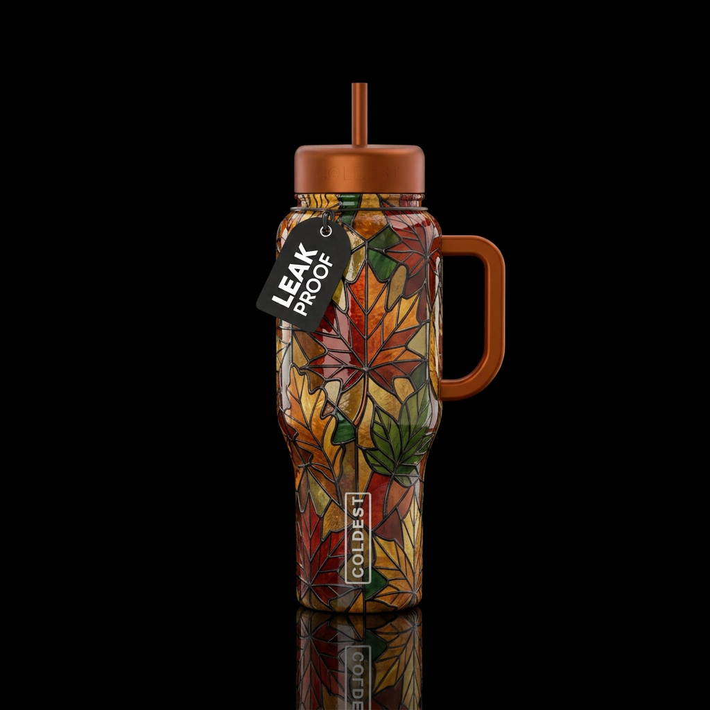 Autumn Leaves II, stained glass water bottle design