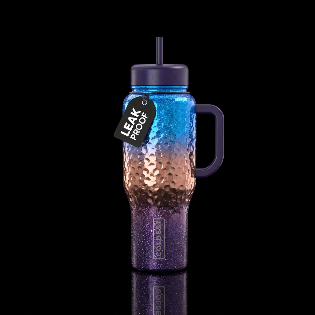 Gradient, Sparkly, Hammered Copper, Electric Blue and Purple water bottle design