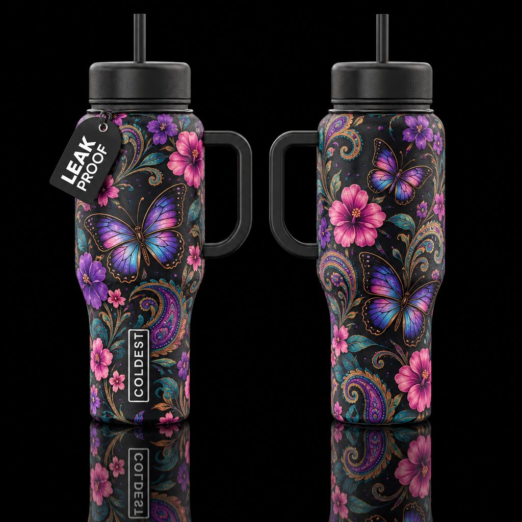 Fluttering Gardens Black Butterfly Floral Paisley ... water bottle design
