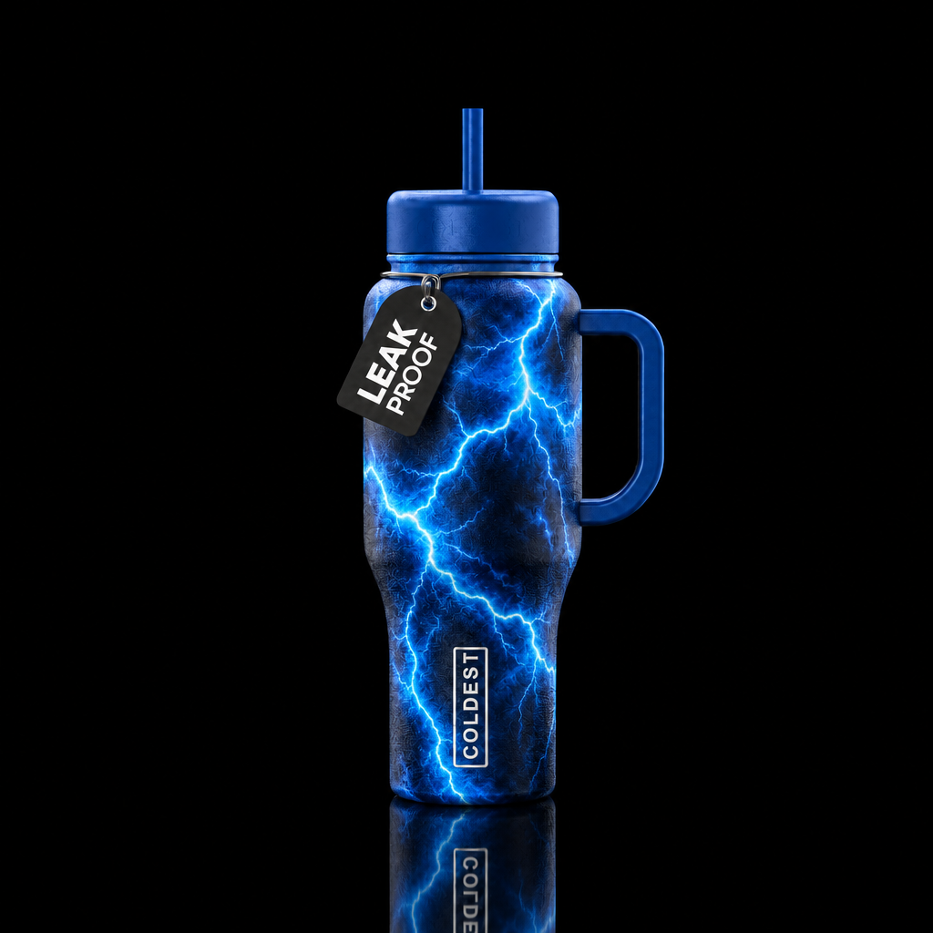 Blue lightning, vibrant, contrast water bottle design