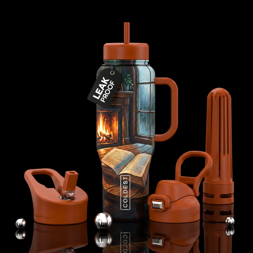A rainy day spent inside reading a book by the fir... water bottle design