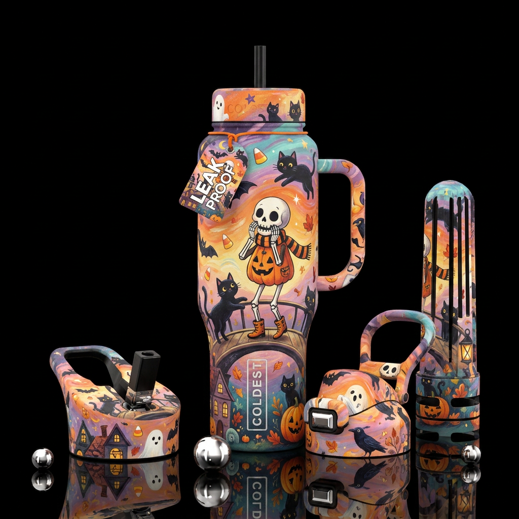 Cute black cats playing with skeletons Whimsical H... water bottle design