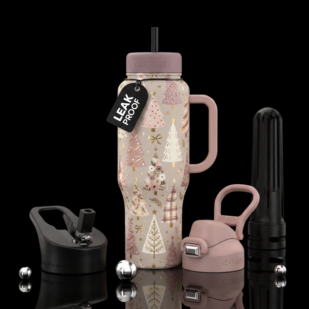 Soft feminine Christmas tree pattern featuring a s... water bottle design
