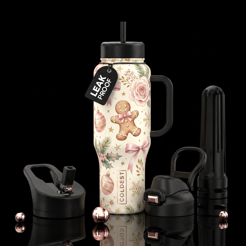 Elegant Vintage Pink Christmas pattern featuring h... water bottle design