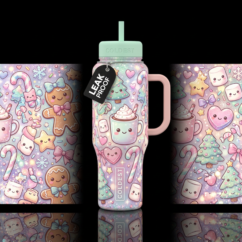 Ultra-cute Kawaii Christmas Wonderland design feat... water bottle design