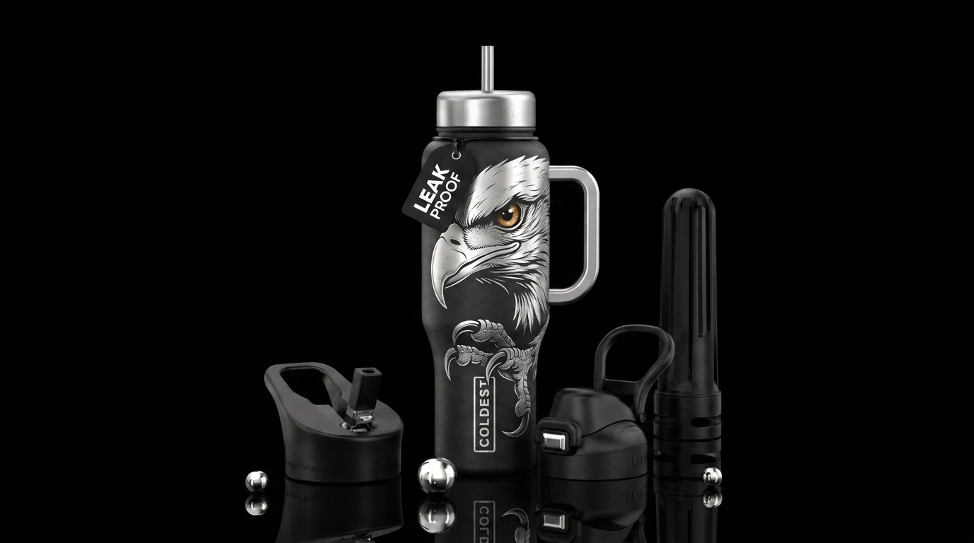 Bald eagle mean close up side shot of an eye and b... water bottle design