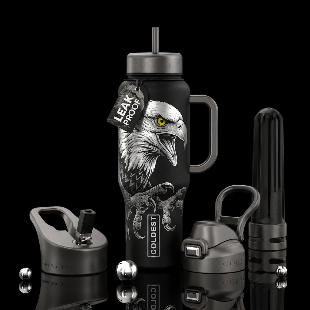 Screaming Bald eagle mean close up side shot of an... water bottle design