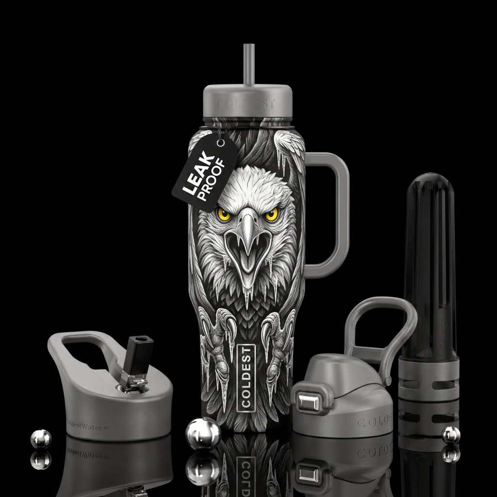 Create a screaming face of a bald eagle being the ... water bottle design