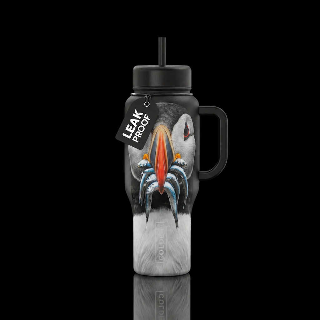 A portrait of an Atlantic puffin with beak full of... water bottle design