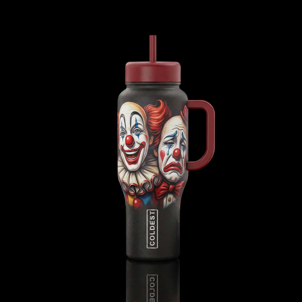 The comedy & tragedy masks, but as a happy & sad c... water bottle design