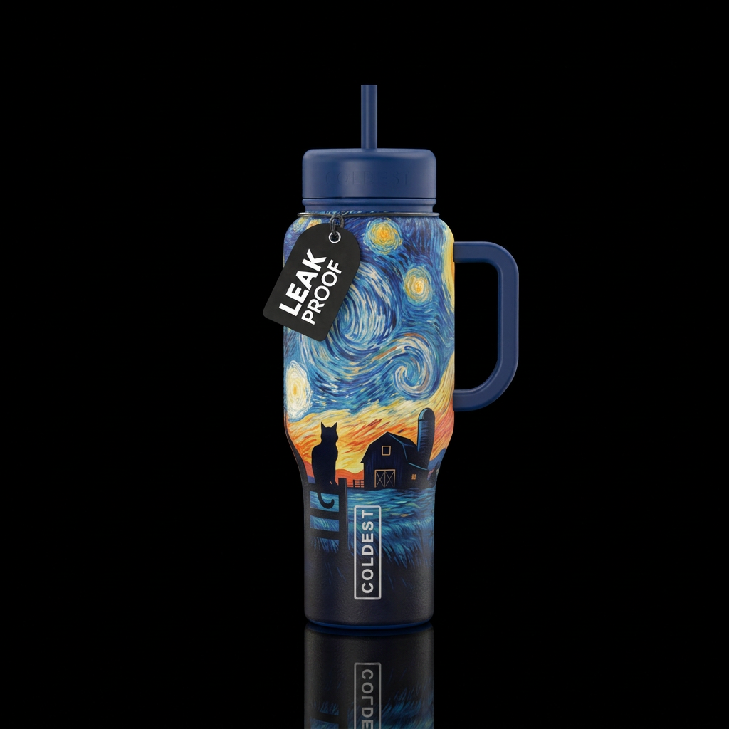 Silhouette of a black cat on a farm with a sky pai... water bottle design