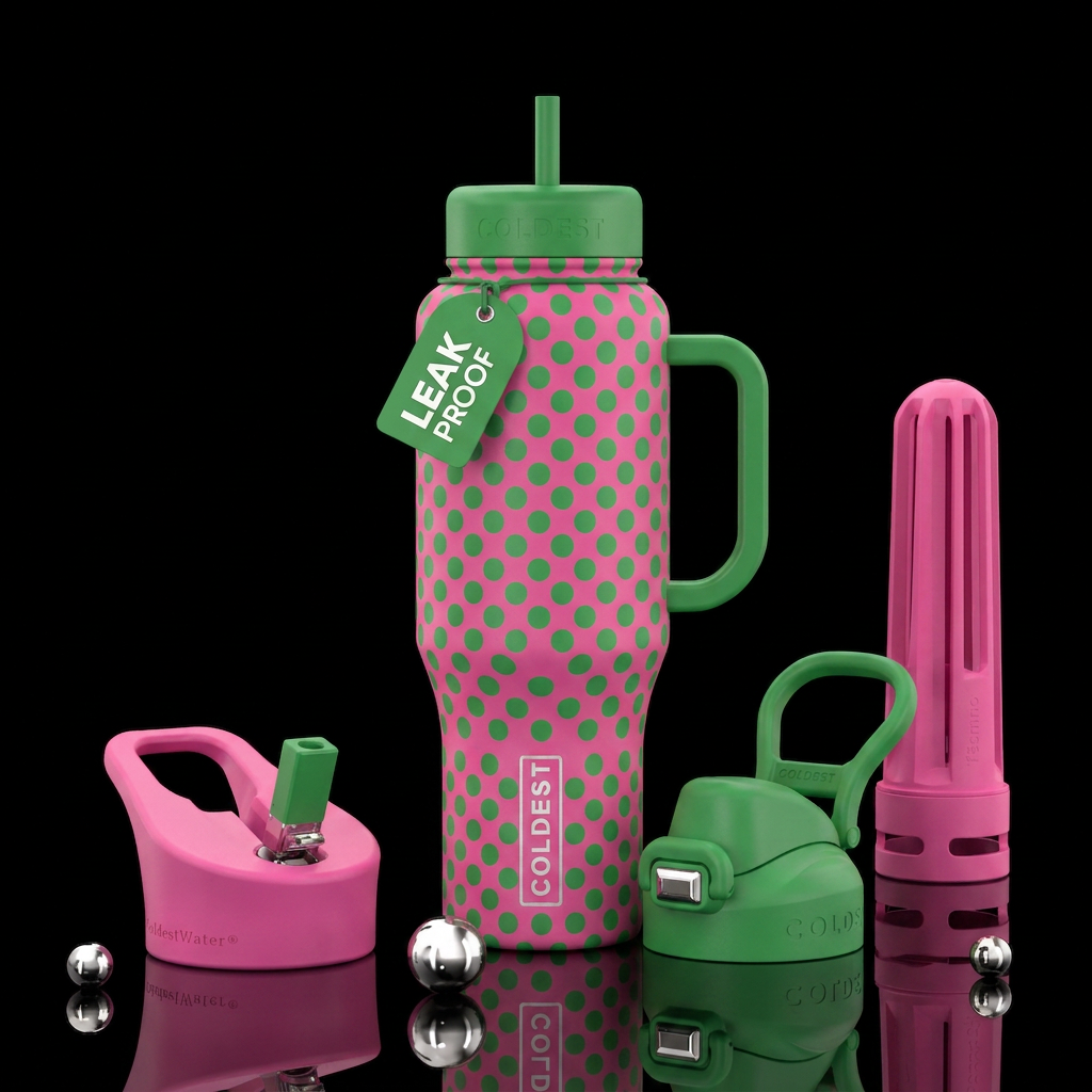 Polka dots pink green water bottle design
