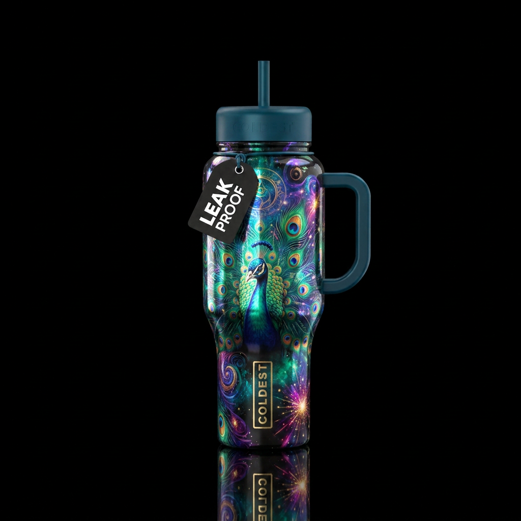 Mystic Peacock Colorful, magical, explosive, mythi... water bottle design
