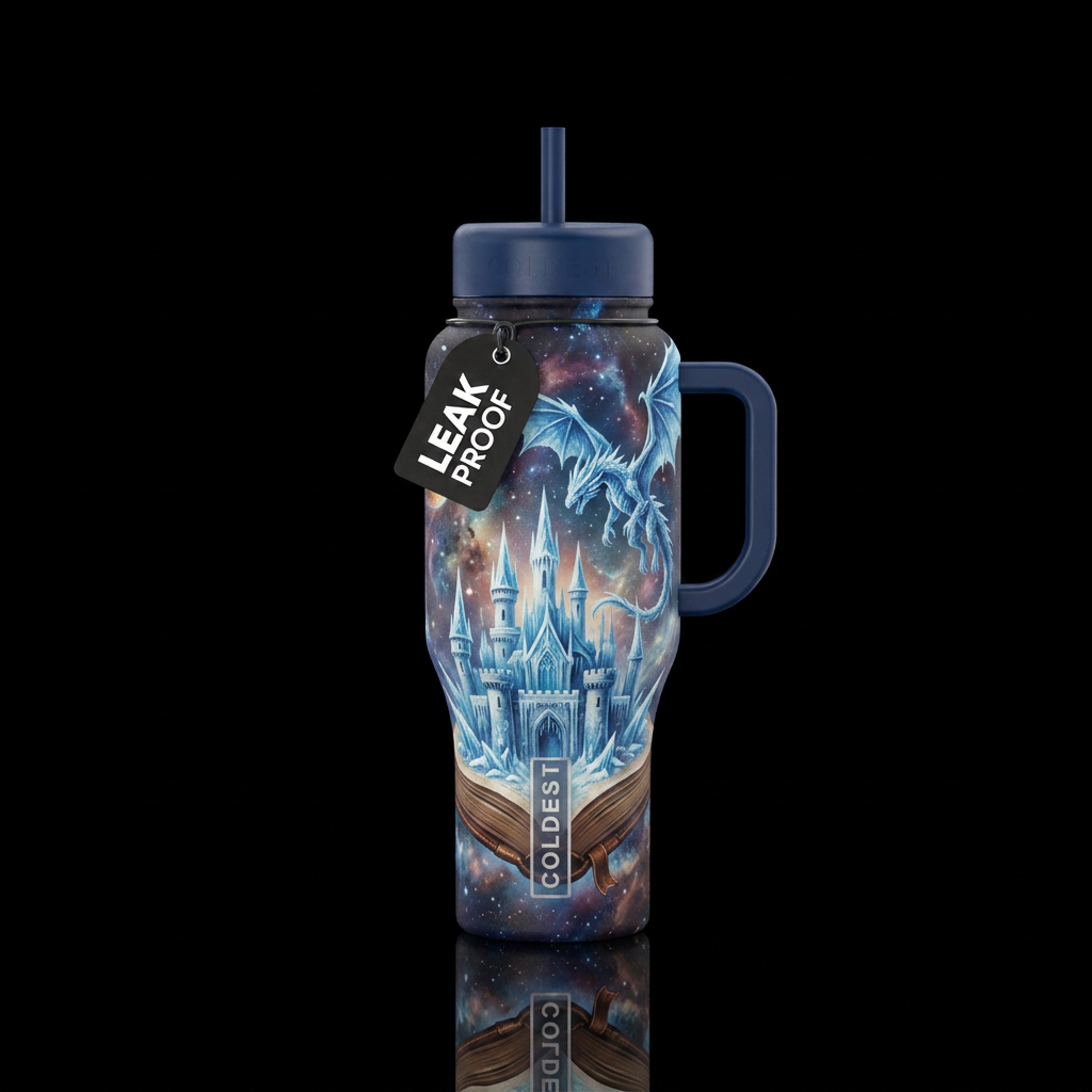 Mythical ice castle sitting on an open book with a... water bottle design