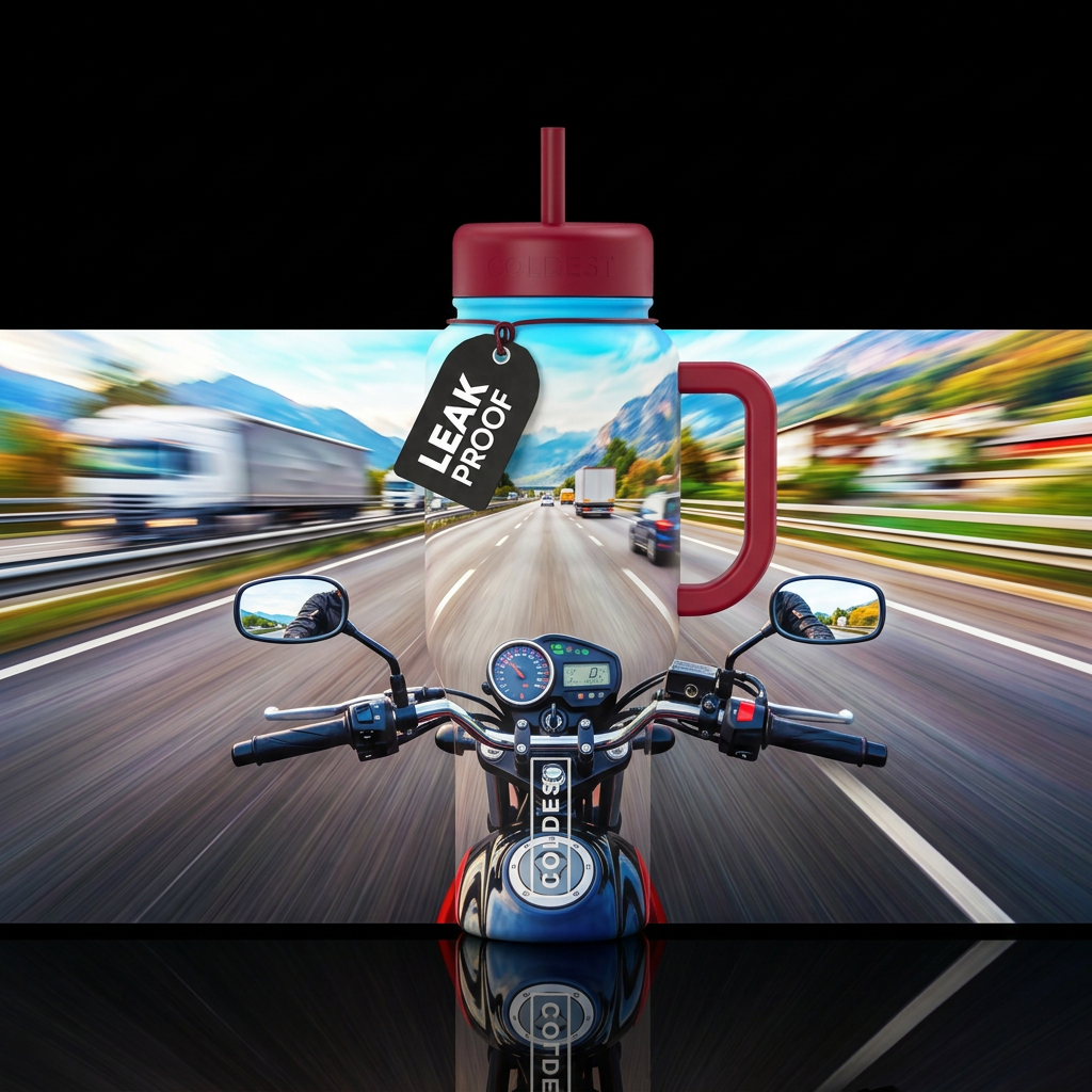 Motorcycle at high speed, drivers pov traveling do... water bottle design