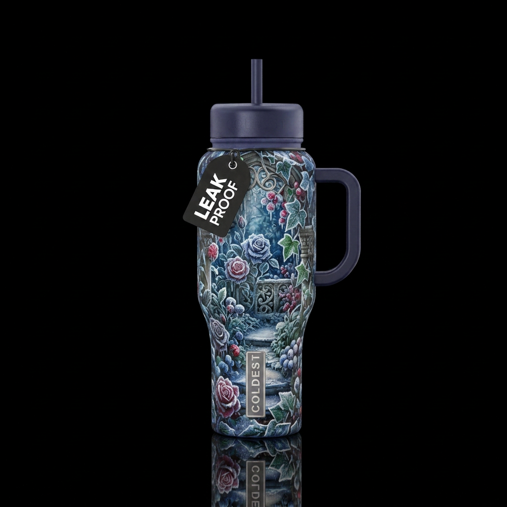 an enchanted royal winter garden captured inside a... water bottle design
