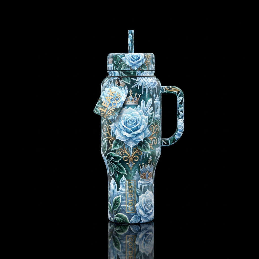 an enchanted royal winter garden captured inside a... water bottle design