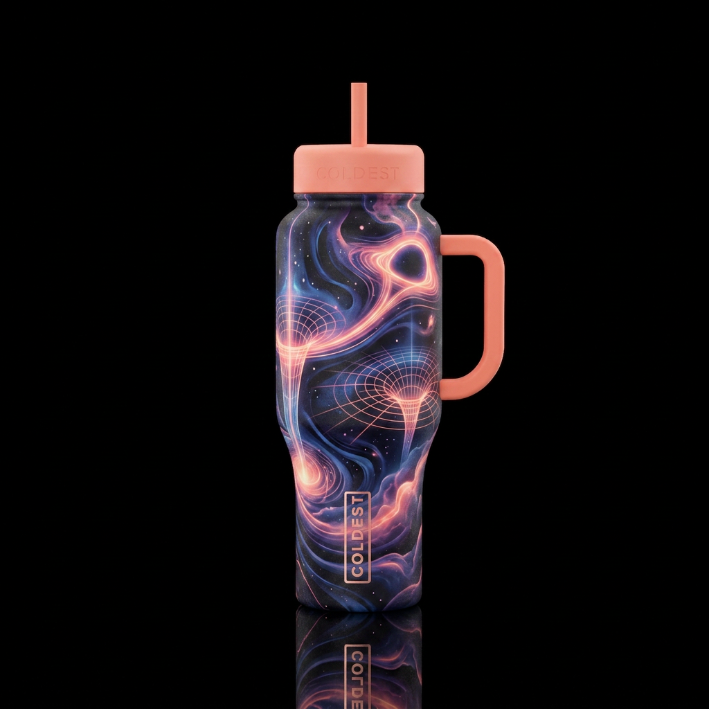 Midnight gravity on a neon peach water bottle design