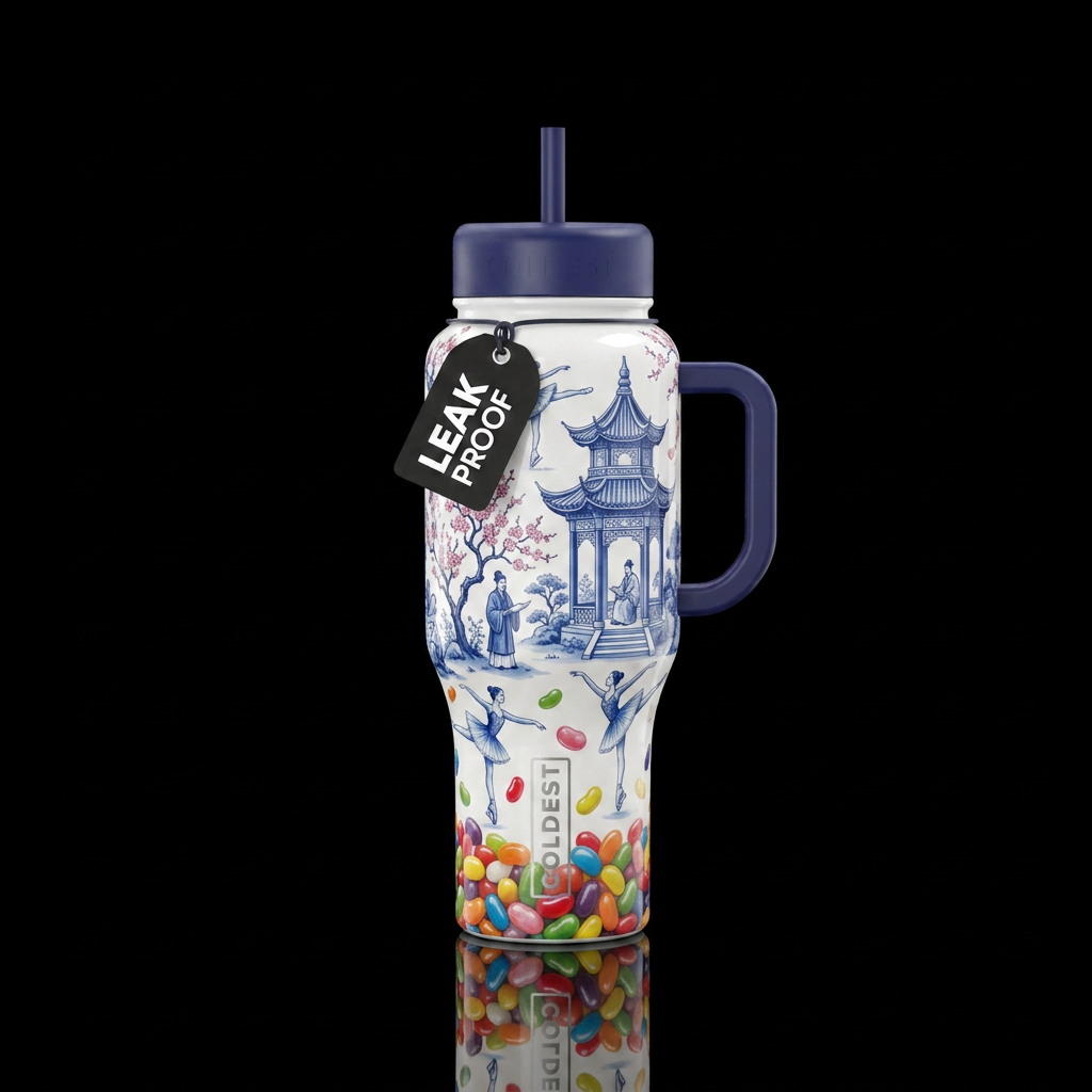 chinoiserie, ice dancing, jelly beans, vibrant water bottle design