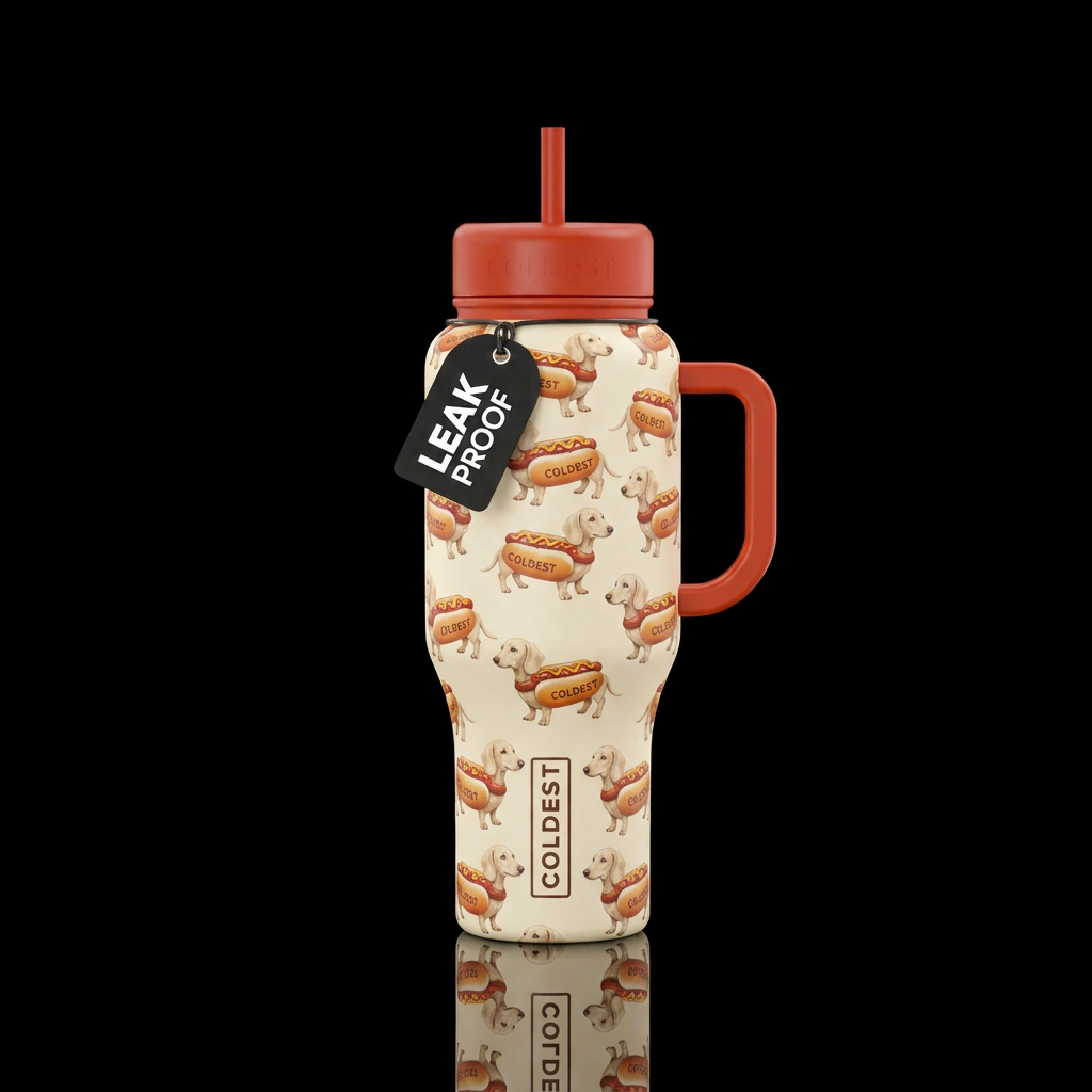Cream colored mini dachshund in a coldest hot dog ... water bottle design