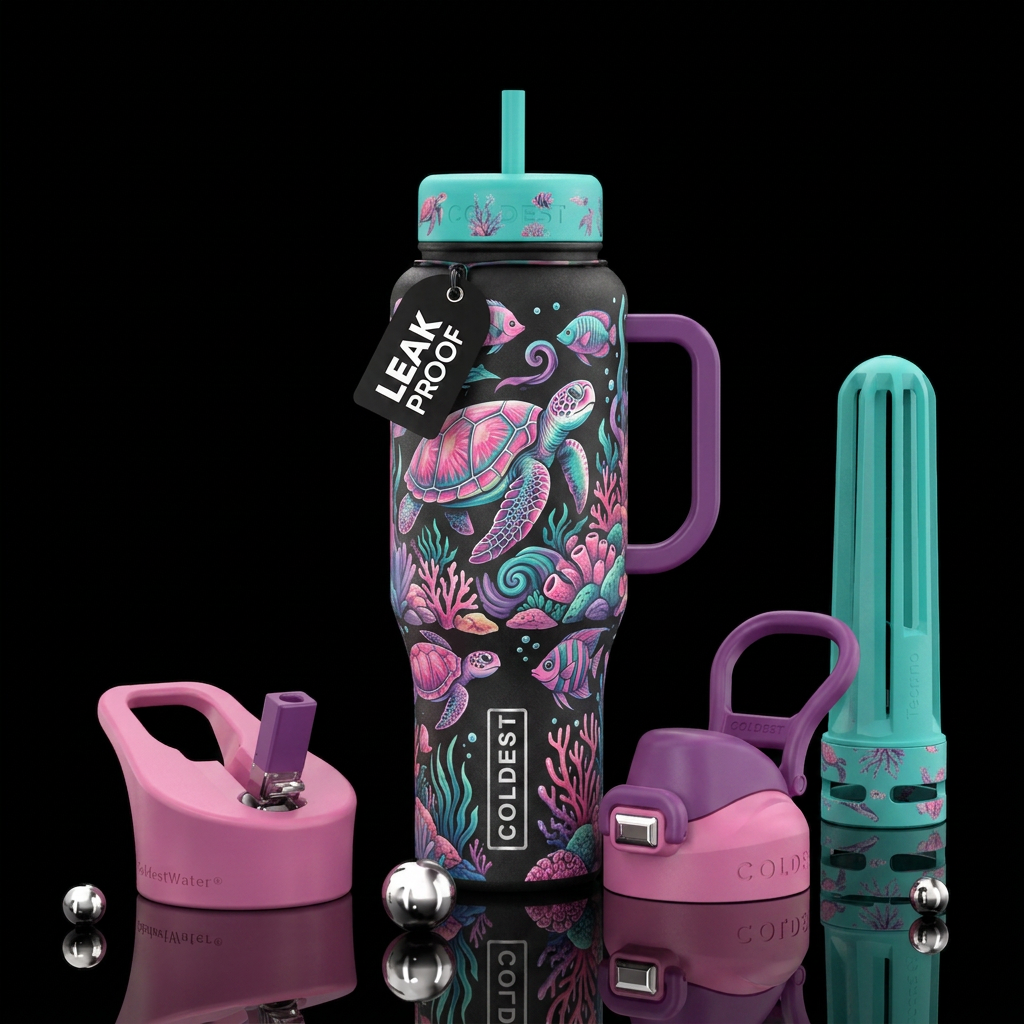 Pink teal and purple sea turtle and sea life water bottle design