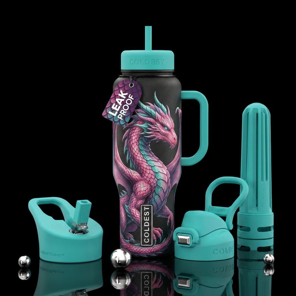 Pink teal and purple dragon water bottle design