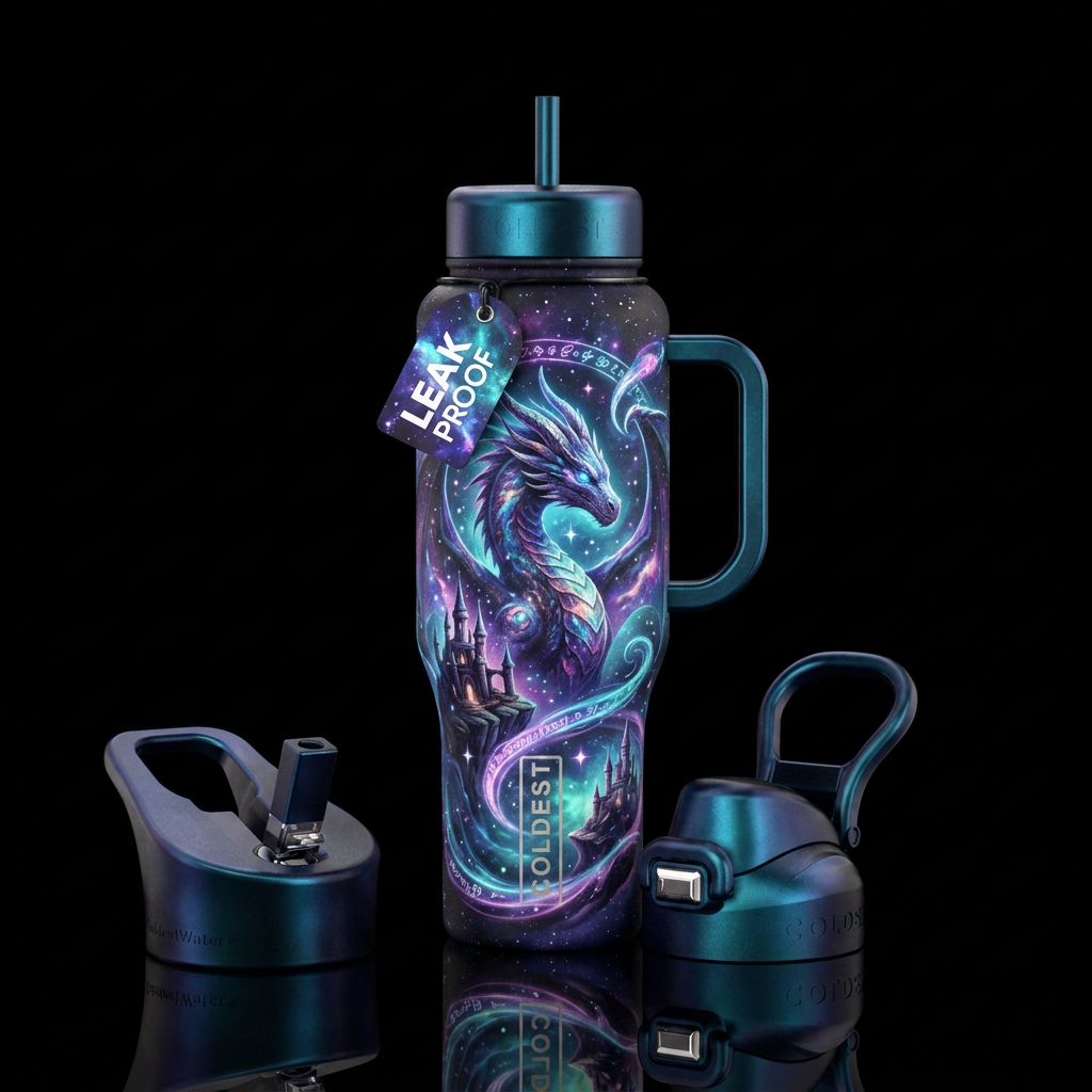 Spells magic cosmic dragon castle water bottle design