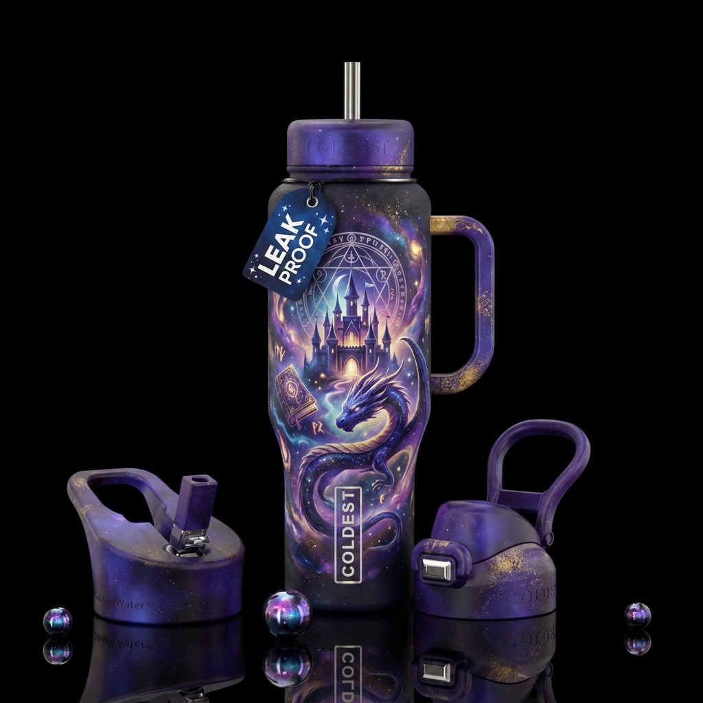 Spells magic cosmic dragon castle water bottle design