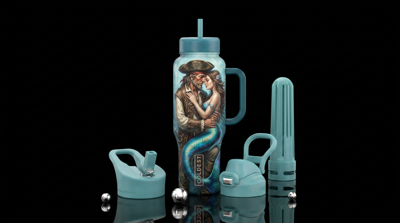 Pirate and a mermaid twisted together in love water bottle design