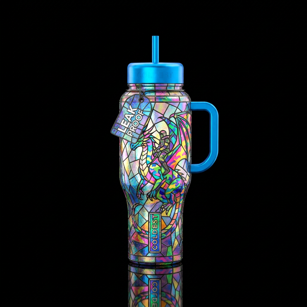 Stained glass 3d dragon and rider but in camouflag... water bottle design