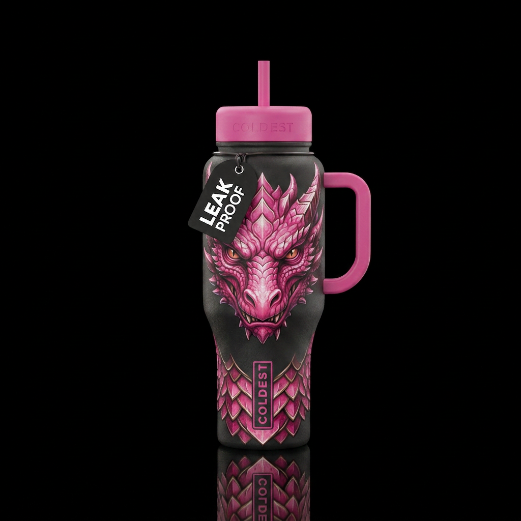 Pink dragon face water bottle design