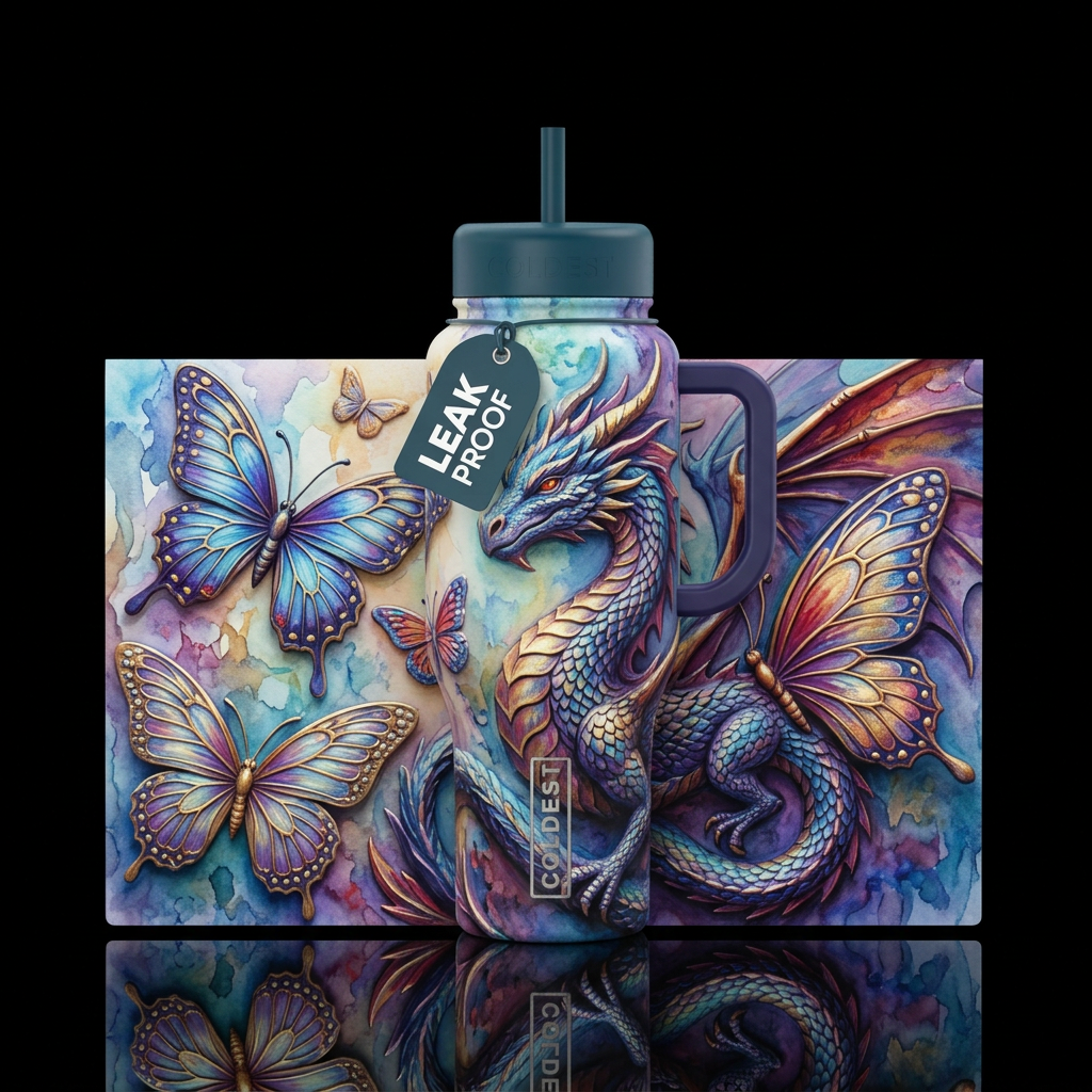 butterfly, dragon, watercolor, sculpted, artistic,... water bottle design