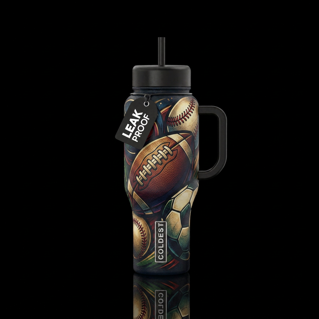 Football, baseball, soccer,, rugged, dark mood water bottle design