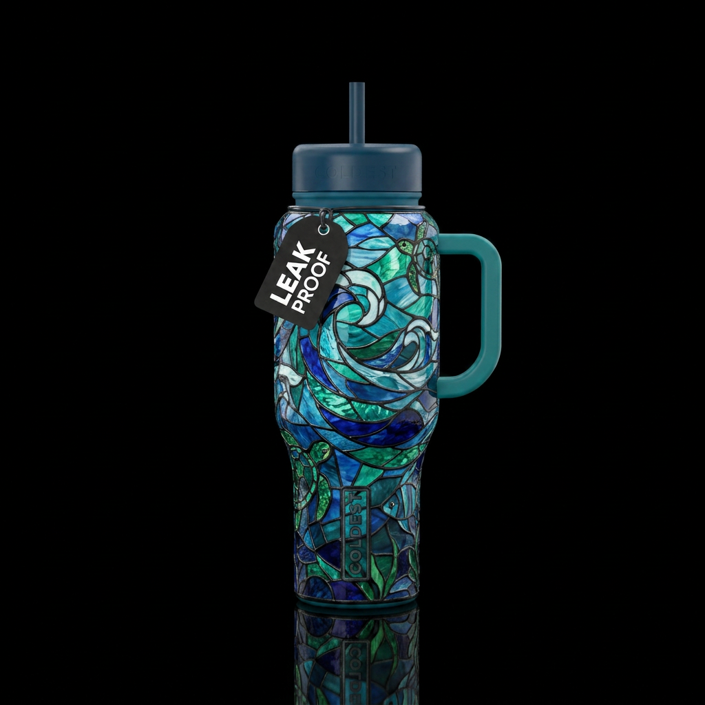 Stained Glass Ocean water bottle design