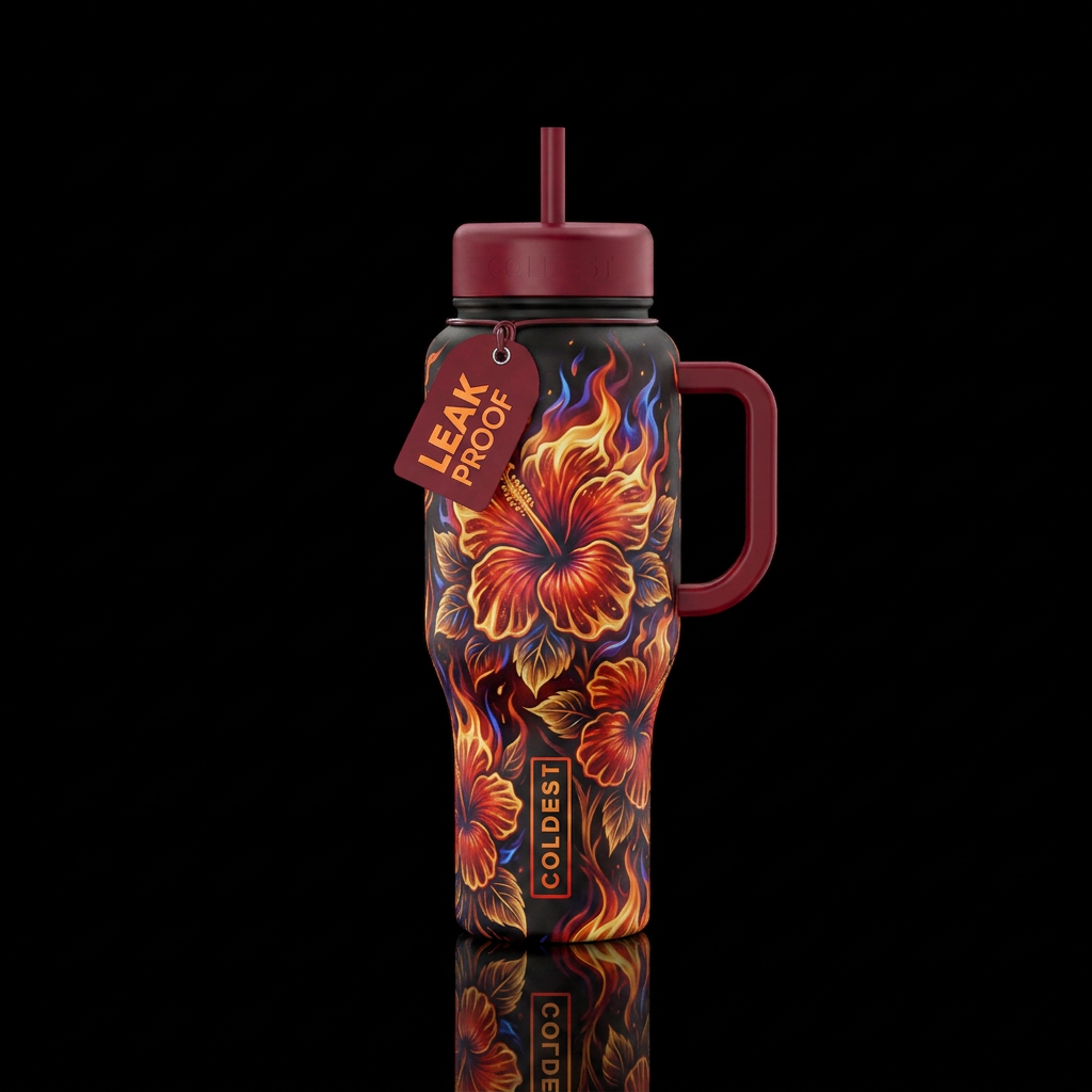 Hibiscus on fire water bottle design