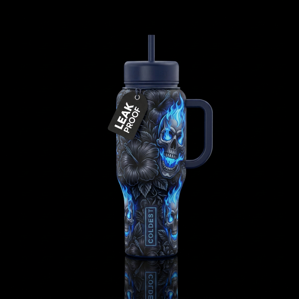 Hibiscus, dark theme, skulls, blue flames water bottle design