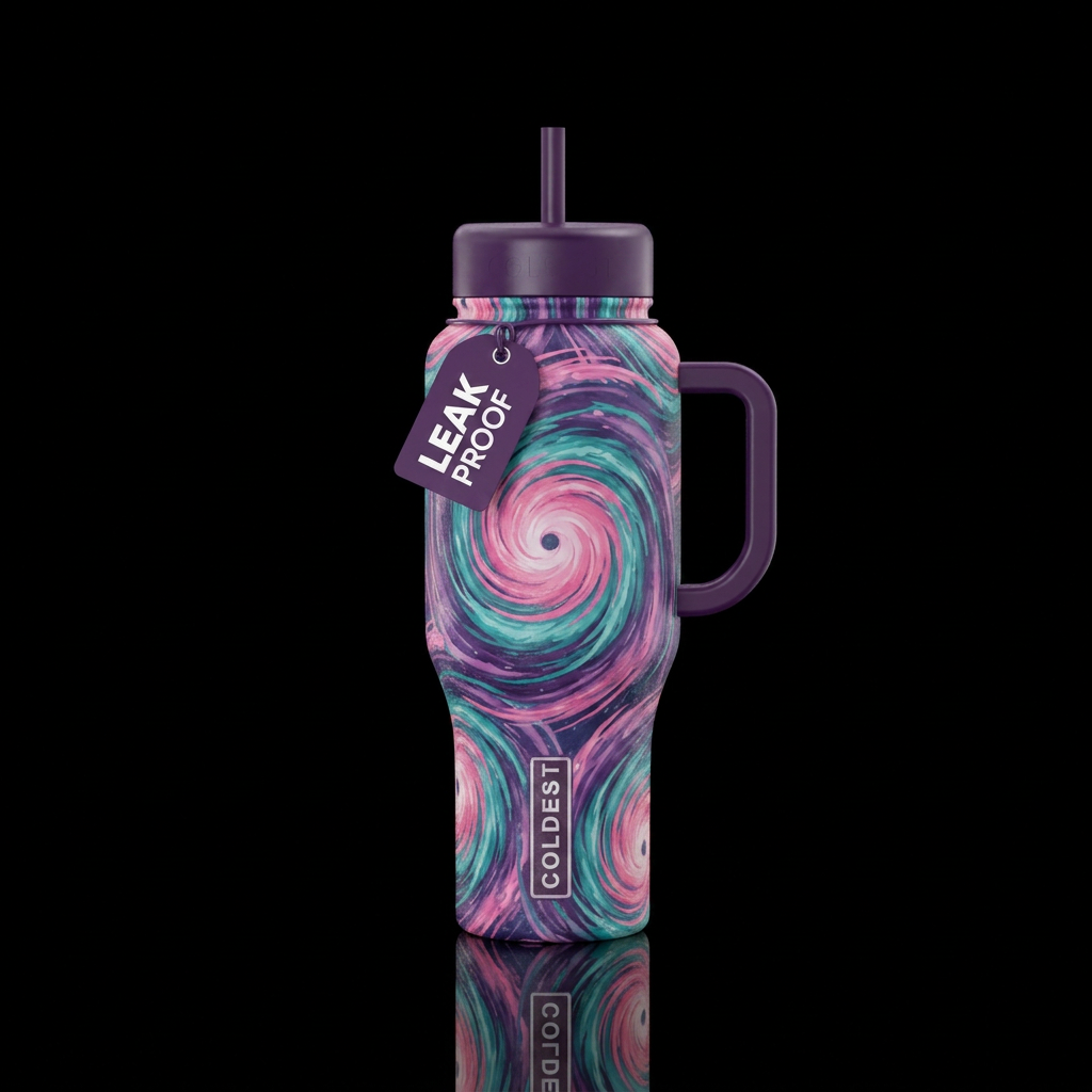 Hurriance image spiral in pinks teals purple water bottle design