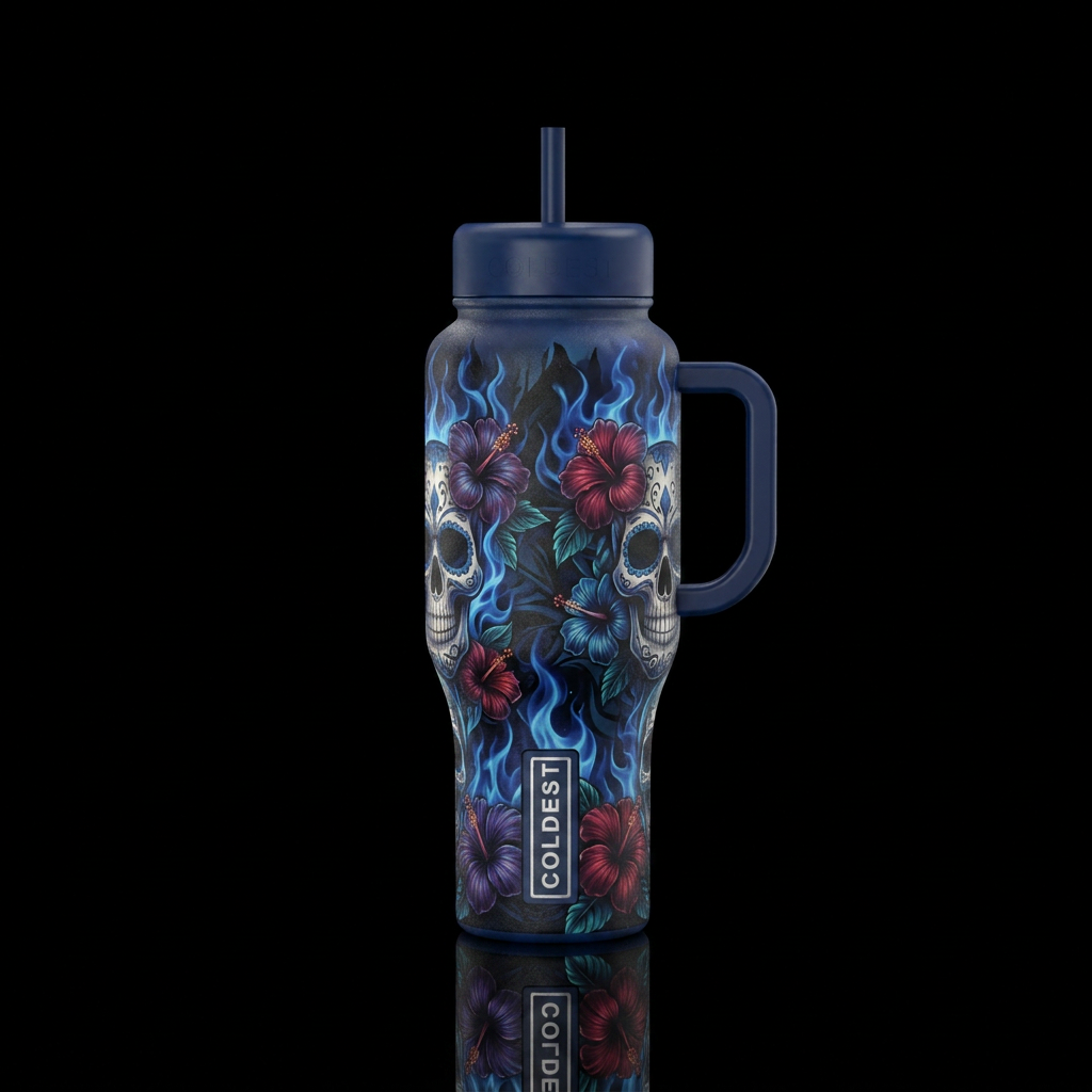 Hibiscus, dark theme, skulls, blue flames water bottle design